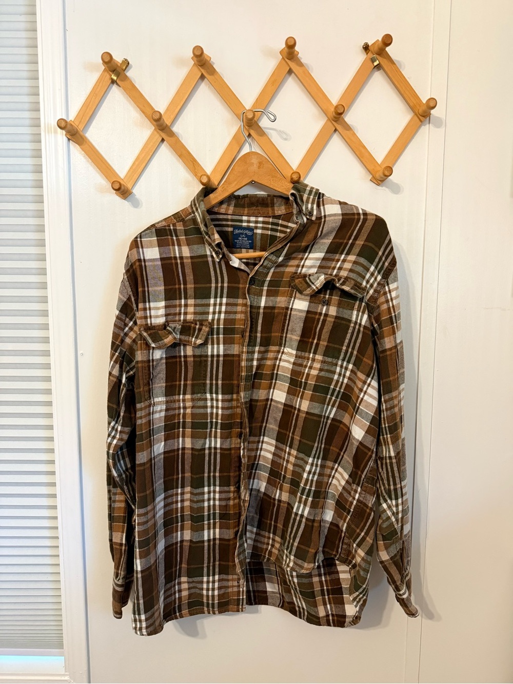 Faded Glory Brown, White & Olive Plaid Button-Down Shirt